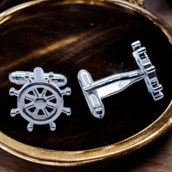 Men's Ship Helm Wheel Stainless Cufflinks Tuxedo Formal Cuff Links Nautical - Picture 3 of 5